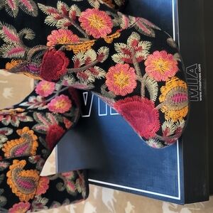 MIA Floral Embroidered Ankle Boots - Black, Pink, Orange